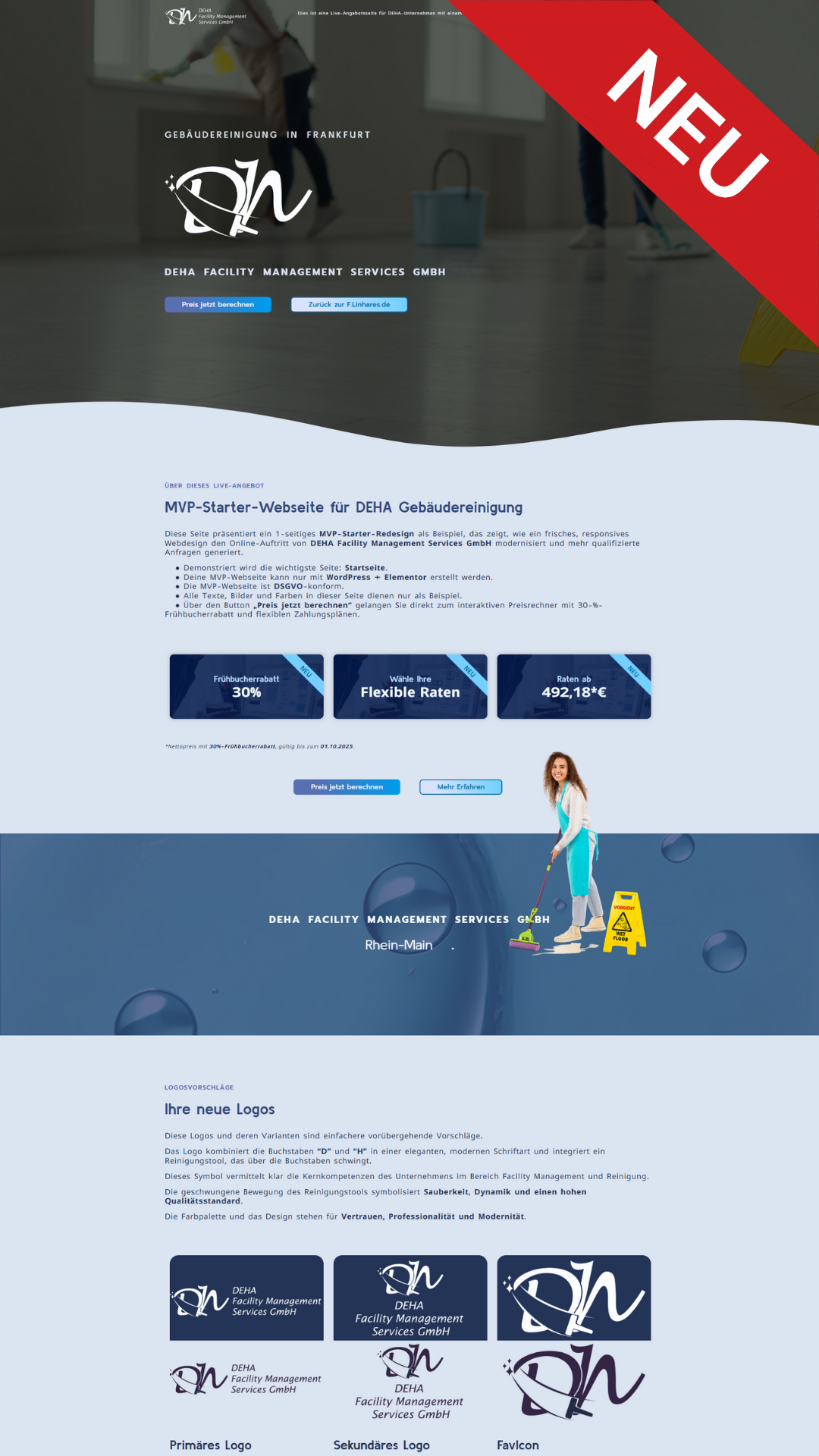 MVP-Starter Webdesign Angebot für DEHA Facility Management. F. Linhares bietet responsives Webdesign mit flexiblen Preisen für Startups.